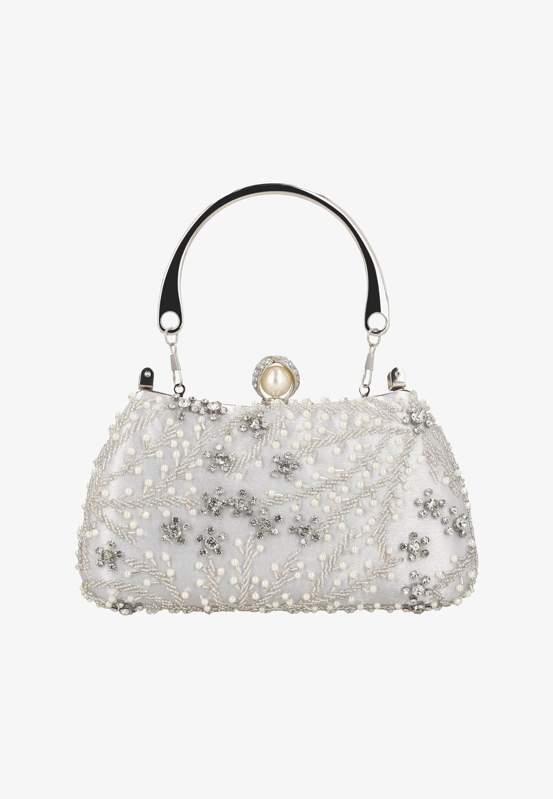Bolso de mano con cuentas y asa plateada, decorado con bordado floral de cuentas, perlas y detalles brillantes sobre un fondo de tela gris.