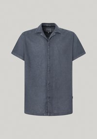 Short-sleeve, button-up shirt in dark navy. Made of lightweight fabric with a smooth texture, featuring a pointed collar and subtle stitching detail.