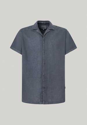 Lühikeste varrukatega nööbitav särk tumesinises toonis. Valmistatud kergest kangast, millel on sile tekstuur, ja funktsiooniks on terav krae ning peen nõmmerõõmumuster.