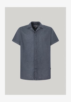 Košulja kratkih rukava s dugmićima u tamnoplavoj boji. Izrađena od lagane tkanine s glatkom teksturom, ima oštar ovratnik i suptilne detalje šivanja.
