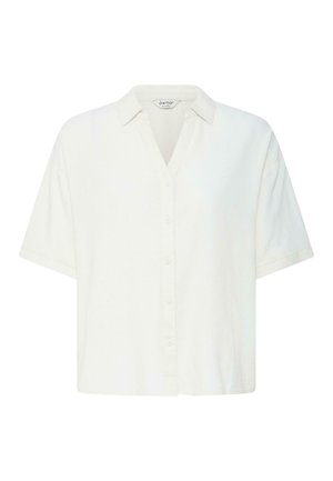 Camisa blanca de manga corta con botones y cuello, dobladillo recto y ajuste relajado.