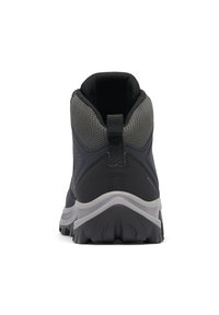 Schwarzer Wanderstiefel bis zum Knöchel mit einem strukturierten grauen Mesh-Kragen, verstärktem Rücken und dicker weißer Zwischensohle. Verfügt über eine stabile, robuste schwarze Außensohle.
