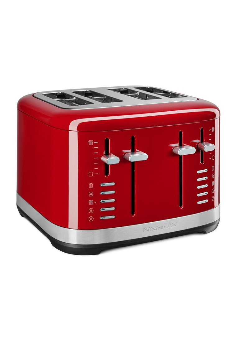 Roter Toaster mit vier Scheiben und glänzender Oberfläche, Edelstahl-Akzenten und vier separaten Schlitzen. Verfügt über einstellbare Bräunungskontrollen und Anzeigeleuchten.