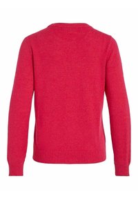 Pull en tricot rouge à manches longues avec poignets, ourlet et col côtelés, vu de dos.