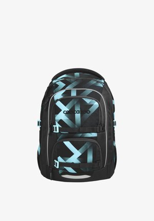 Sac à dos noir avec motif géométrique bleu, plusieurs compartiments zippés, bretelles réglables, et nom de la marque "coocazoo" sur le devant.