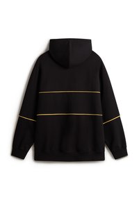 Sweat à capuche noir à manches longues, avec des lignes horizontales jaunes sur le dos et les manches.