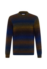 Pull en maille à manches longues avec col rond, présentant des rayures horizontales en dégradé dans des tons bleu foncé, marron et vert olive.