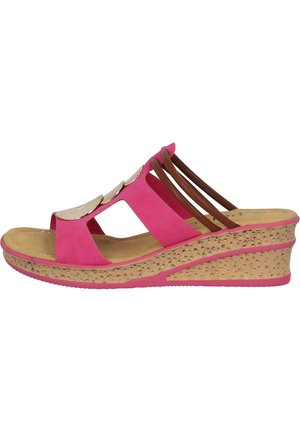 Pink wedge sandals with open-toe design, suede-like upper, woven accents, and textured cork sole. Straps in brown provide support.