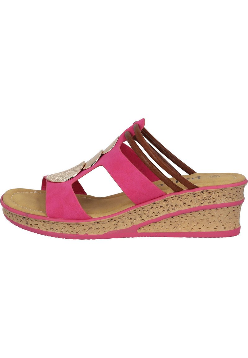 Sandali wedge rosa con design open-toe, parte superiore simile al suede, dettagli intrecciati e suola in sughero testurizzato. Le cinghie in marrone offrono supporto.