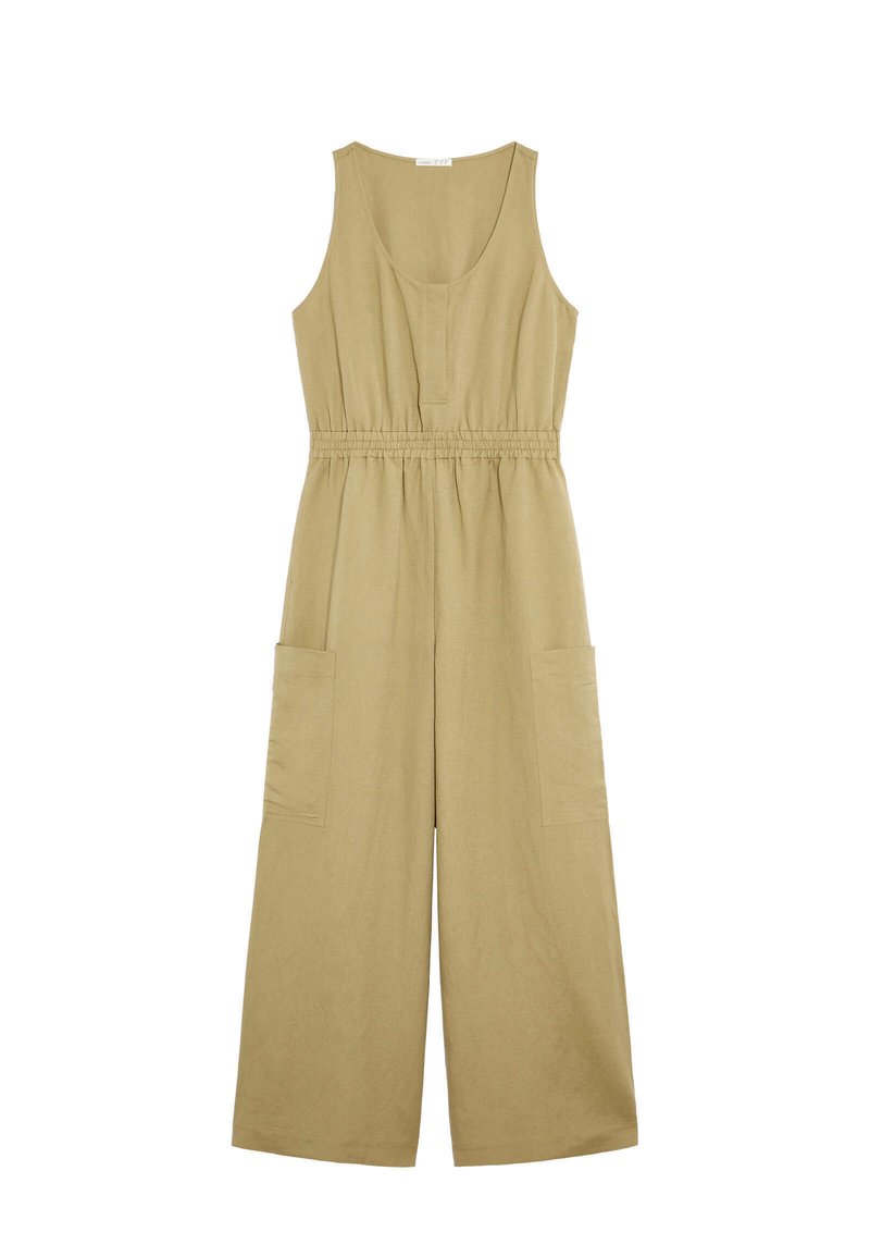 Ärmelloser beiger Jumpsuit mit elastischem Taillenbund, weitem Beinansatz, runder Ausschnitt und großen seitlichen Taschen.