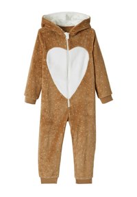 Brown hooded children's onesie with white polka dots, white heart on chest, front zipper, and ribbed cuffs at wrists and ankles.