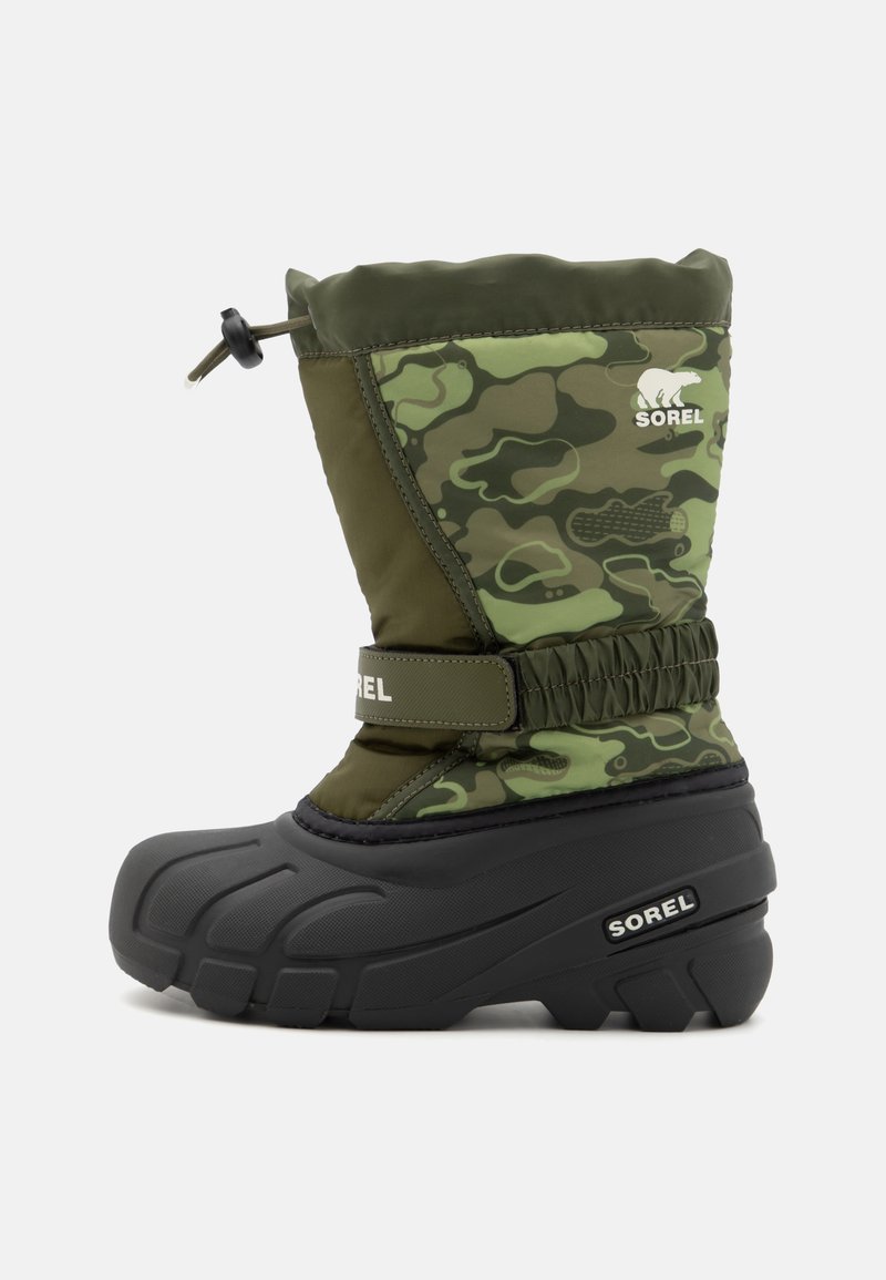 Green camouflage waterproof boot with a padded upper, curved black rubber sole, and adjustable drawstring at the top. Features logo on the side.