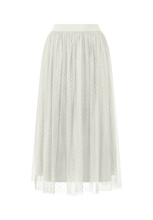 Hameleke vaalea harmaa tylli, jossa on kerätty vyötärö, kuvioitu pilkullisilla kuvioilla ja läpinäkyvällä kerroksellisella designilla. Sujuva vyötärönauha ja ilmava rakenne.