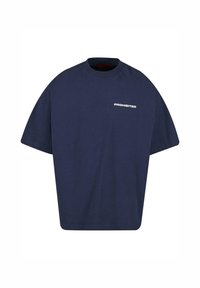 Marineblå oversized t-shirt lavet af bomuld, med en rund halsudskæring og et hvidt trykt ord "FORBUDT" på forsiden.