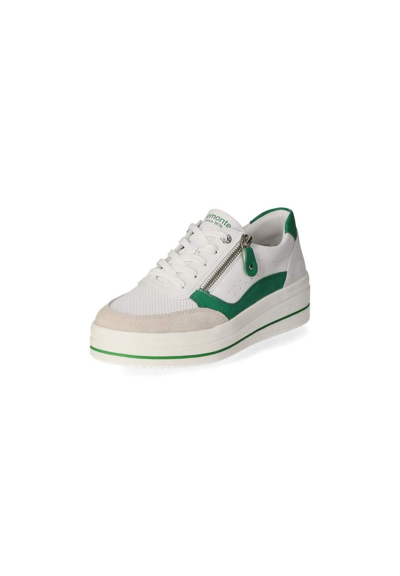 Baskets blanches avec des accents verts et un bout en daim gris. Présente un dessus texturé et une fermeture éclair sur le côté. Semelle épaisse blanche avec un contour vert.