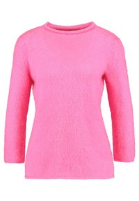 Růžový svetr z nadýchaného materiálu s kulatým výstřihem a dlouhými rukávy. Hladká textura s jednotnou barvou po celém svetrů.