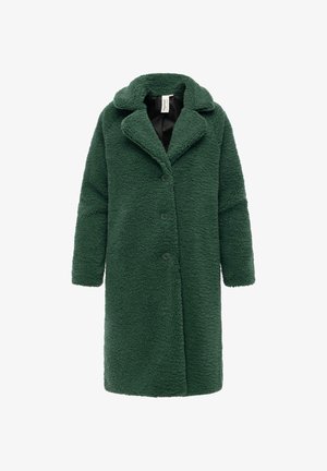 Grøn, pludderet stoffrakke med en tekstureret, fuzzy overflade. Har en stor krave, forreste knapper og lange ærmer. Ingen synlig foring.