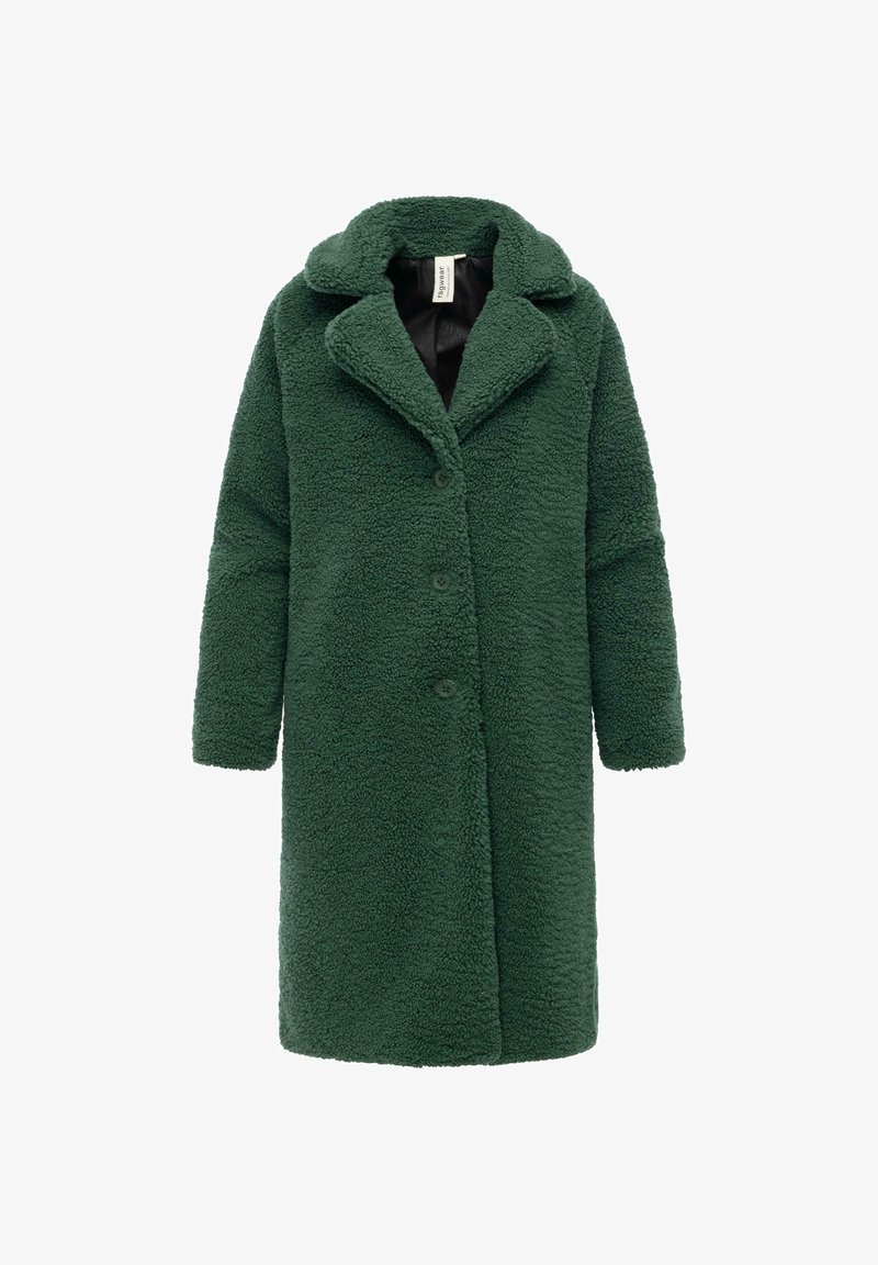 Green, plush fabric coat with a textured, fuzzy surface. Features large collar, front buttons, and long sleeves. No visible lining.