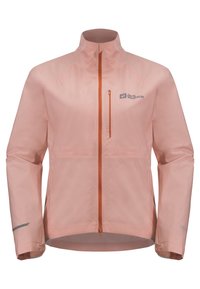 Giacca a vento leggera e rosa con colletto alto, zip frontale e dettaglio del logo. Include polsini elasticizzati e una tasca sul petto.