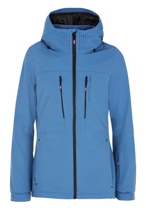 Blue waterproof jacket with a high collar, ventilated hood, two front pockets, and black zippers. Features pink accents and a sleek design.