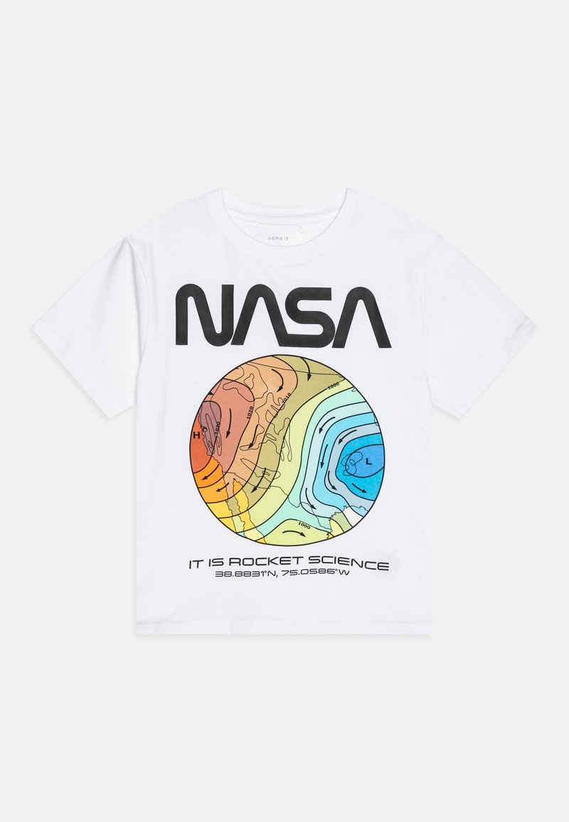 Witte t-shirt met korte mouwen met een multicolor NASA-print, circulair ontwerp met contourlijnen en de tekst "HET IS RAKETWETENSCHAP."