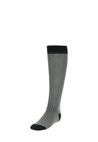 Calza grigia al ginocchio con un motivo testurizzato, bordo nero e punta nera, realizzata in un materiale morbido, caratterizzata da un sottile design a spina di pesce.