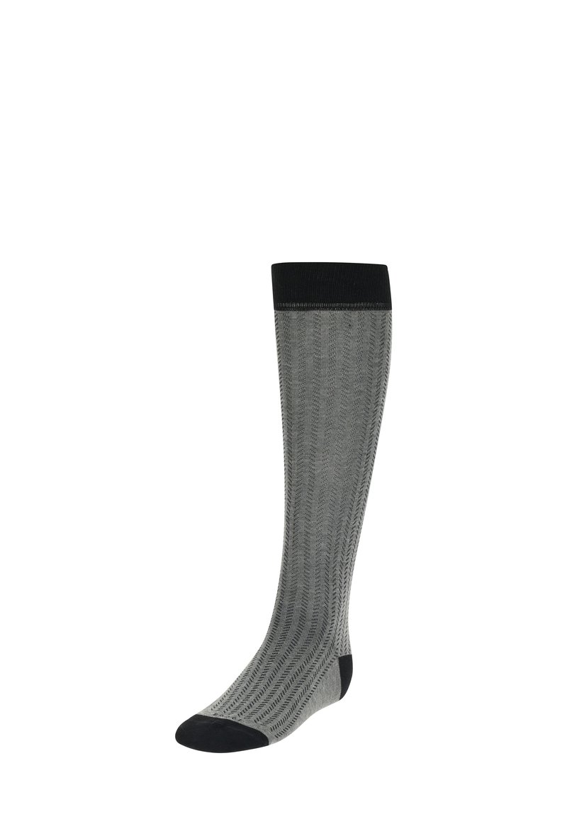 Calza grigia al ginocchio con un motivo testurizzato, bordo nero e punta nera, realizzata in un materiale morbido, caratterizzata da un sottile design a spina di pesce.