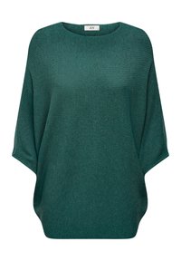 Pull ample couleur sarcelle avec un large décolleté, des manches courtes et une texture côtelée subtile sur toute la surface, présentant une silhouette décontractée.