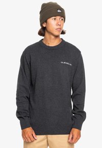 Kolgrå stickad tröja med ribbade muddar och fåll, med en liten vit logotyp på bröstet och en klassisk rund halsringning.