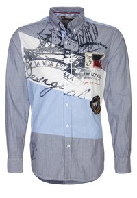 Hemdbluse mit einem Mischgewebe-Design in Hellblau und Grau. Mit nautisch inspirierten Stickereien und vier Knöpfen vorne.