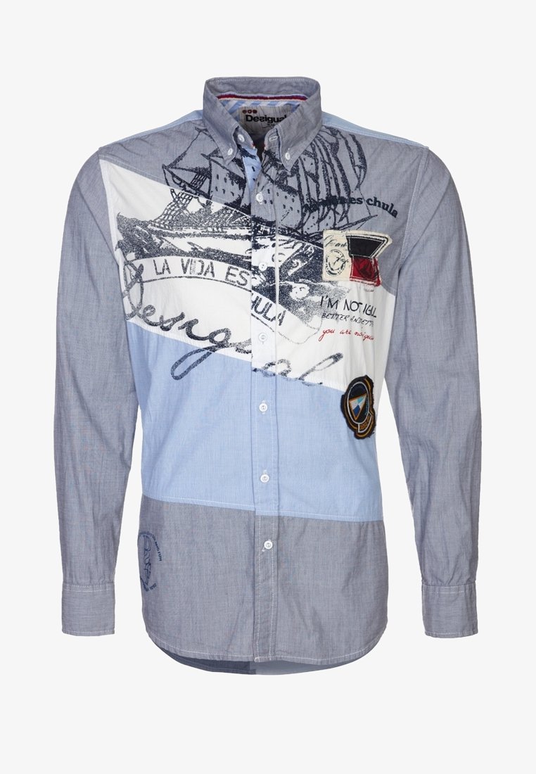 Hemdbluse mit einem Mischgewebe-Design in Hellblau und Grau. Mit nautisch inspirierten Stickereien und vier Knöpfen vorne.