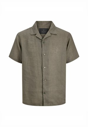 Rövid ujjú, olíva zöld színű ing, gombos, bevágott gallérral és látható varrásmintázattal.