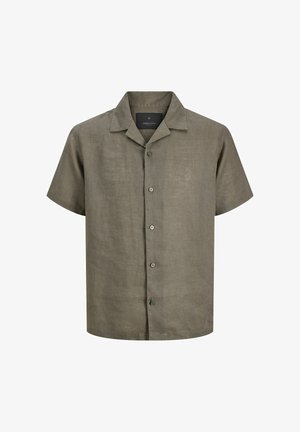 Short-sleeve olive green button-up shirt with a notched collar and visible stitch texture.