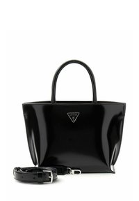 Sac à main noir brillant avec deux poignées supérieures, un logo triangulaire et une bandoulière amovible. Présente une forme structurée et une texture lisse.