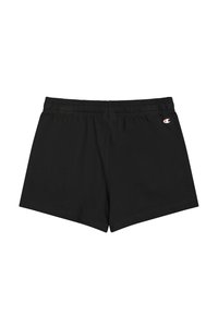 Czarne spodenki sportowe wykonane z miękkiego materiału, z elastycznym paskiem w talii i małym haftowanym logo po lewej stronie.