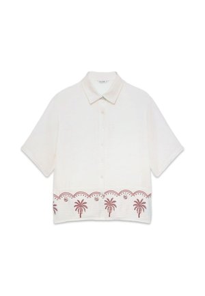 White short-sleeve button-up shirt with collar and red palm tree and scallop pattern along the bottom hem.