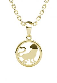 Gouden ketting met een ronde hanger met een uitgesneden leeuwontwerp. De ketting bestaat uit met elkaar verbonden ovale vormen, wat zorgt voor een textuurachtige uitstraling.