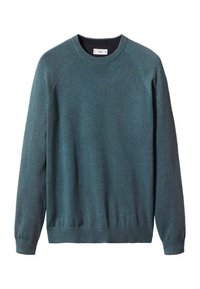 Grüner Wollmischpullover mit Rundhalsausschnitt, gerippten Bündchen und Saum, mit Raglanärmel-Design und strukturierter Oberfläche.