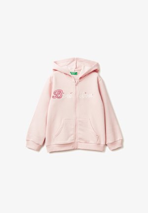 Rosa Zip-Hoodie aus weichem Stoff. Mit gesticktem "Benetton"-Logo in Weiß und Rosa auf der Vorderseite, sowie seitlichen Taschen.