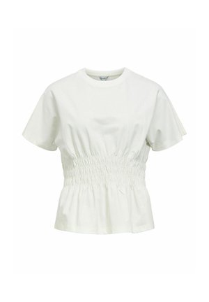 Witte blouse met korte mouwen, ronde hals en elastische geplooide band in de taille die een geplooid peplumeffect creëert.