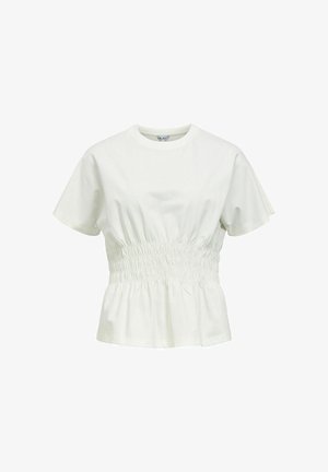 Witte blouse met korte mouwen, ronde hals en elastische geplooide band in de taille die een geplooid peplumeffect creëert.