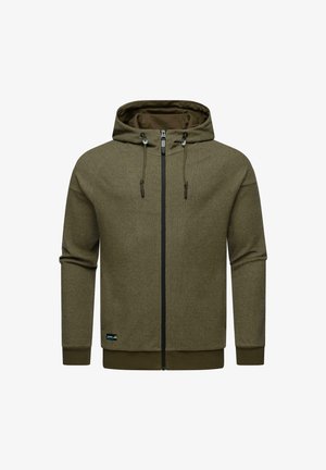 Olive green zip-up hoodie, made of textured fabric. Features a hood, drawstrings, and ribbed cuffs. Black zipper and logo accent at hem.