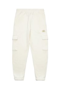 Jogger cargo di colore crema realizzati in tessuto morbido, con vita elastica, caviglie affusolate e due tasche laterali. Dettaglio del logo in oro presente.