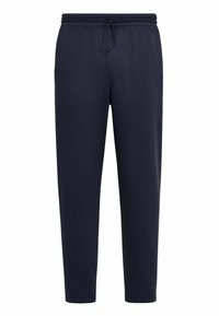 Pantaloni della tuta blu navy realizzati in tessuto morbido, con vita regolabile tramite coulisse, tasche laterali e gambe aderenti con polsini elastici.