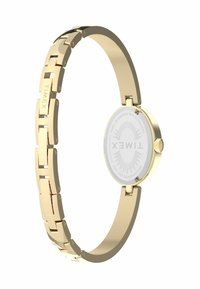 Gouden polshorloge met een schakelschema, ronde kast en een witte wijzerplaat met minimalistische markeringen en een logo.