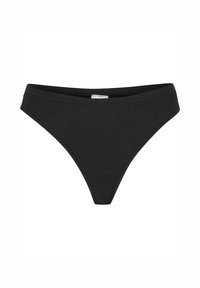 Zwarte geribbelde stringonderbroek met een brede tailleband, met een gladde textuur en een minimalistisch ontwerp. Geen zichtbare patronen of accenten.