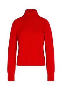 Maglione a collo alto rosso in maglia con maniche lunghe, dettagli a coste al colletto e ai polsini, presenta una vestibilità aderente e leggere arricciature sulle spalle.