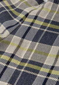 Tejido tejido con un patrón de cuadros multicolores en tonos de azul marino, gris y verde claro. Texturizado, con líneas diagonales y tamaños de cuadro contrastantes.