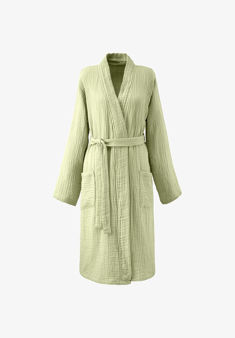 Light green cotton bathrobe with a textured design, long sleeves, tie belt, and two front pockets. Features a shawl collar for added comfort.