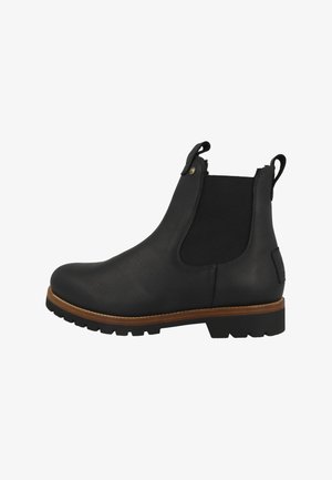 Schwarze Leder Chelsea-Stiefel mit elastischen Seitenpaneelen und Zugschlaufen. Verfügt über eine strukturierte Oberfläche, Gummisohle und braune Akzente an der Basis.